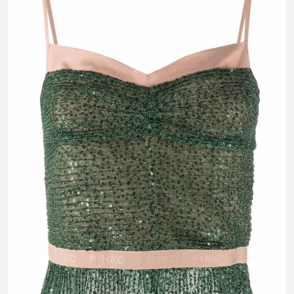 Pinko Green Sequin Cami with Blush Trim and Logo Band